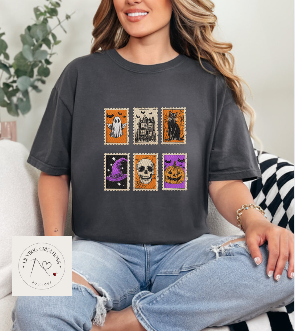 Spooky Stamps embroidered shirt.