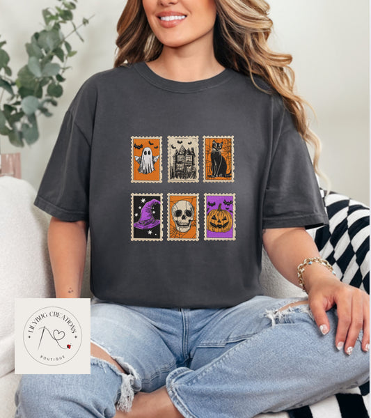 Spooky Stamps embroidered shirt.